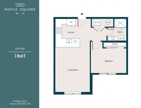Floor plan for 1 bed, 1 bath, 738 sqft